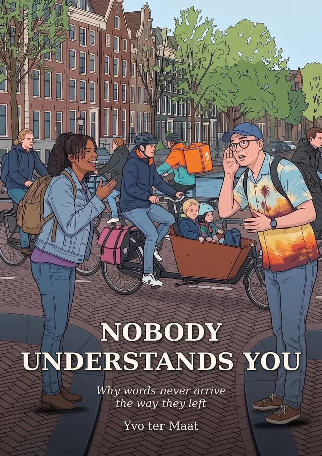 Cover of Nobody Understands You: on an Amsterdam bike lane, a woman talks excitedly to a man who cups his hand behind his ear.