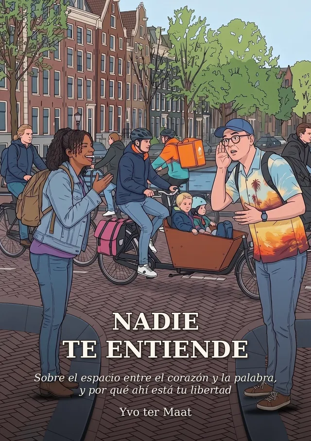 Portada de Nadie te entiende: en una ciclovía de Ámsterdam, una mujer le habla con entusiasmo a un hombre que se lleva la mano a la oreja.