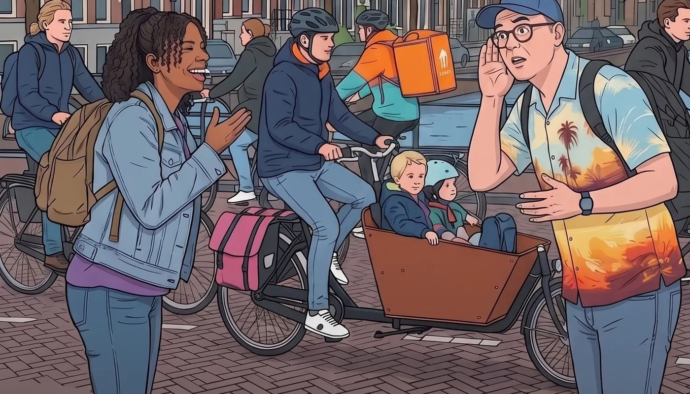Illustratie van de omslag: een vrouw praat lachend tegen een man aan de overkant van een Amsterdams fietspad. Hij houdt zijn hand achter zijn oor. Tussen hen in rijden fietsers en een bakfiets met kinderen.